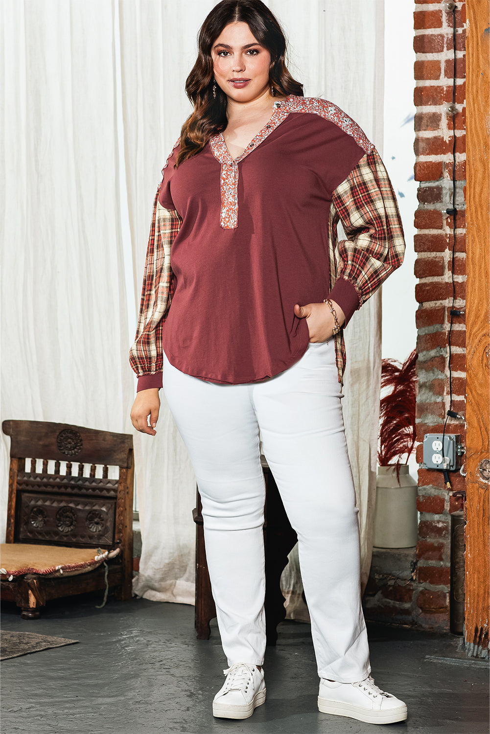 Navy Blue Mixed Print Half Buttons Plus Size Pullover Top - Plus Size Tops