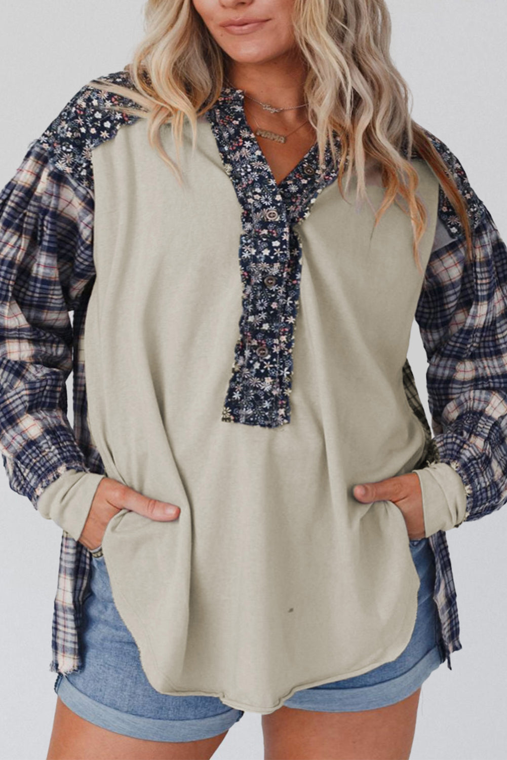 Navy Blue Mixed Print Half Buttons Plus Size Pullover Top - Plus Size Tops