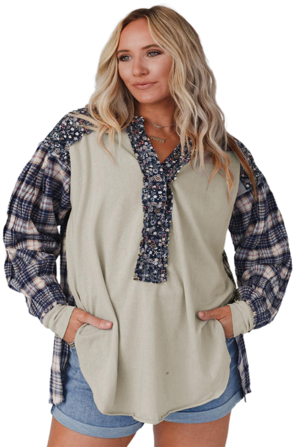 Navy Blue Mixed Print Half Buttons Plus Size Pullover Top - Plus Size Tops