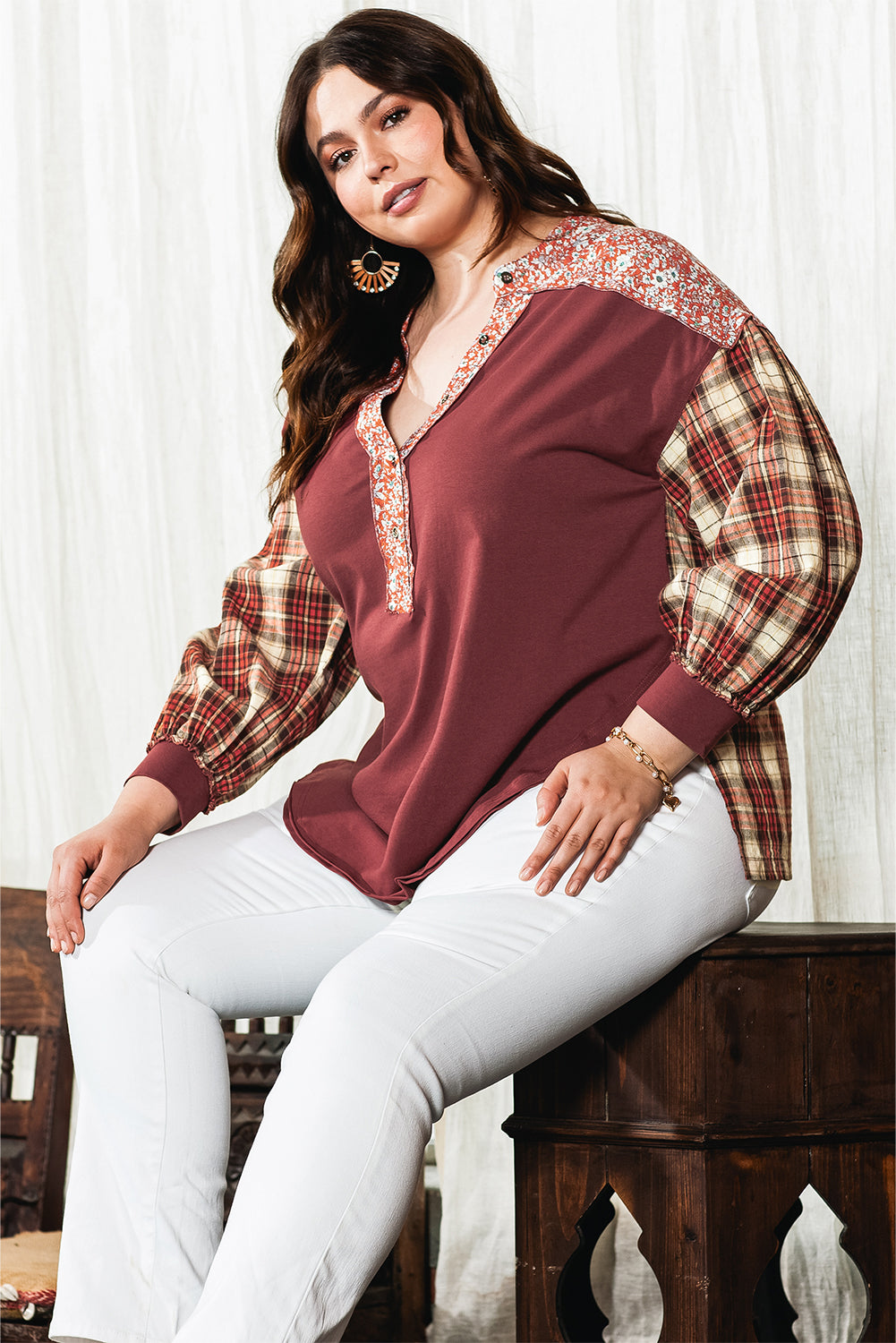 Navy Blue Mixed Print Half Buttons Plus Size Pullover Top - Plus Size Tops