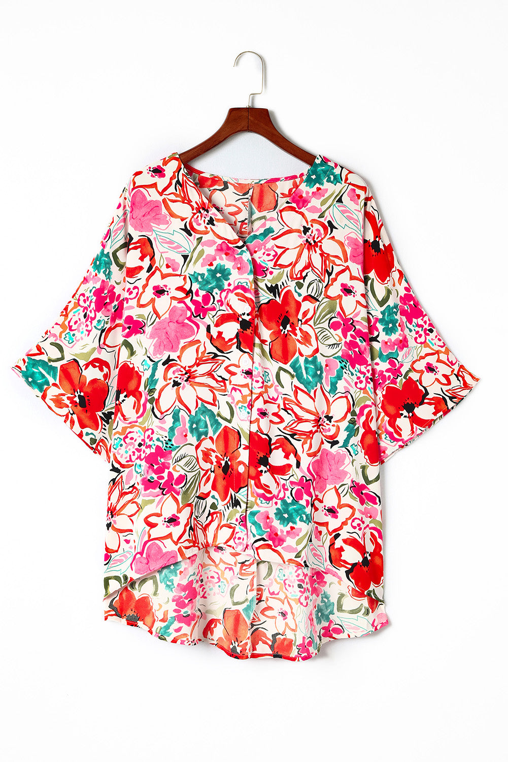 Rose Plus Size Floral Print Boho Kimono Sleeve Shirt - Plus Size Tops