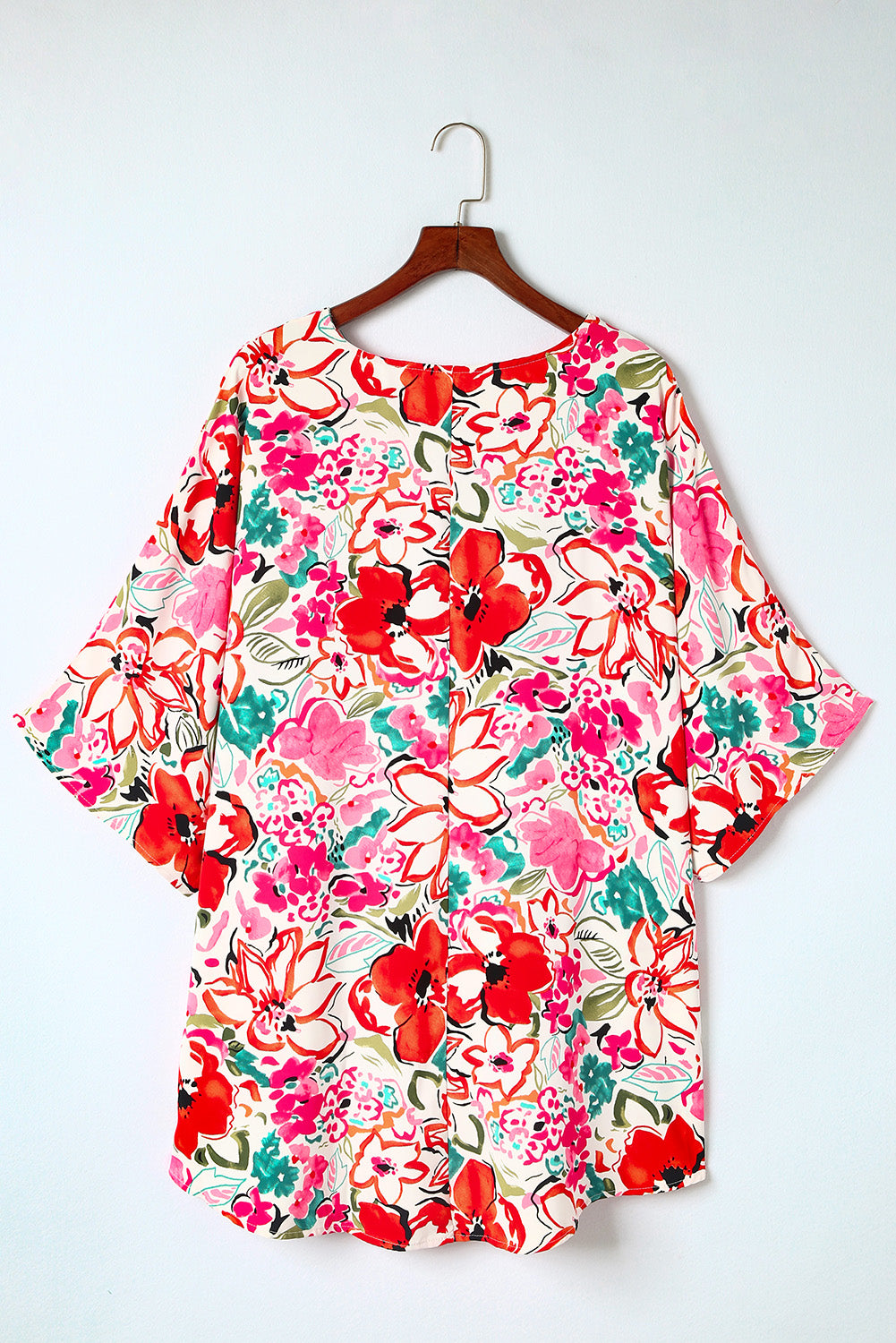 Rose Plus Size Floral Print Boho Kimono Sleeve Shirt - Plus Size Tops