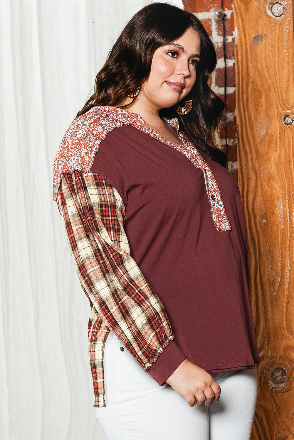 Navy Blue Mixed Print Half Buttons Plus Size Pullover Top - Plus Size Tops