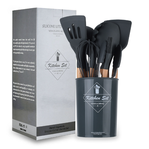 Wooden Handle Silicone Cooking Utensils Set - Scoop and shovel kit