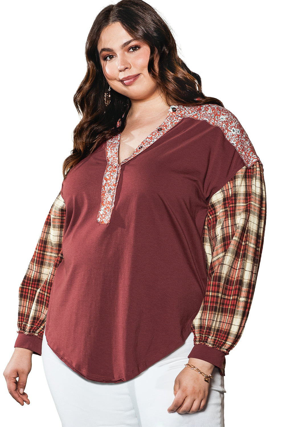 Navy Blue Mixed Print Half Buttons Plus Size Pullover Top - Plus Size Tops