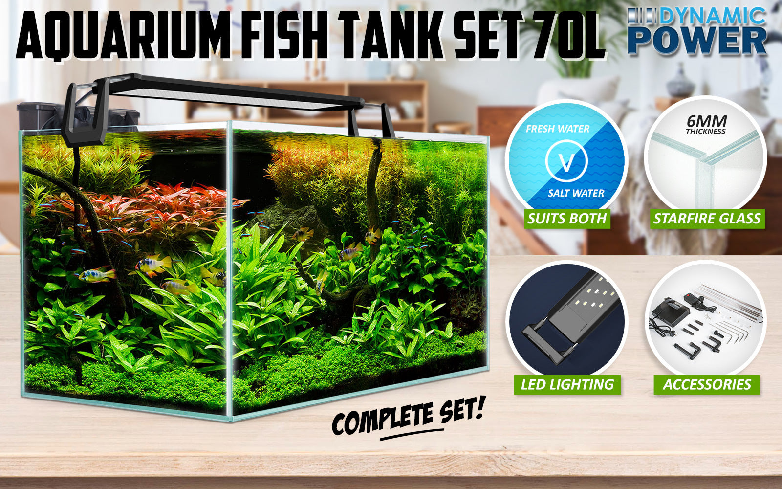 Aquarium Starfire Glass Fish Tank Set Filter Pump 70L - Pet Care > Aquarium