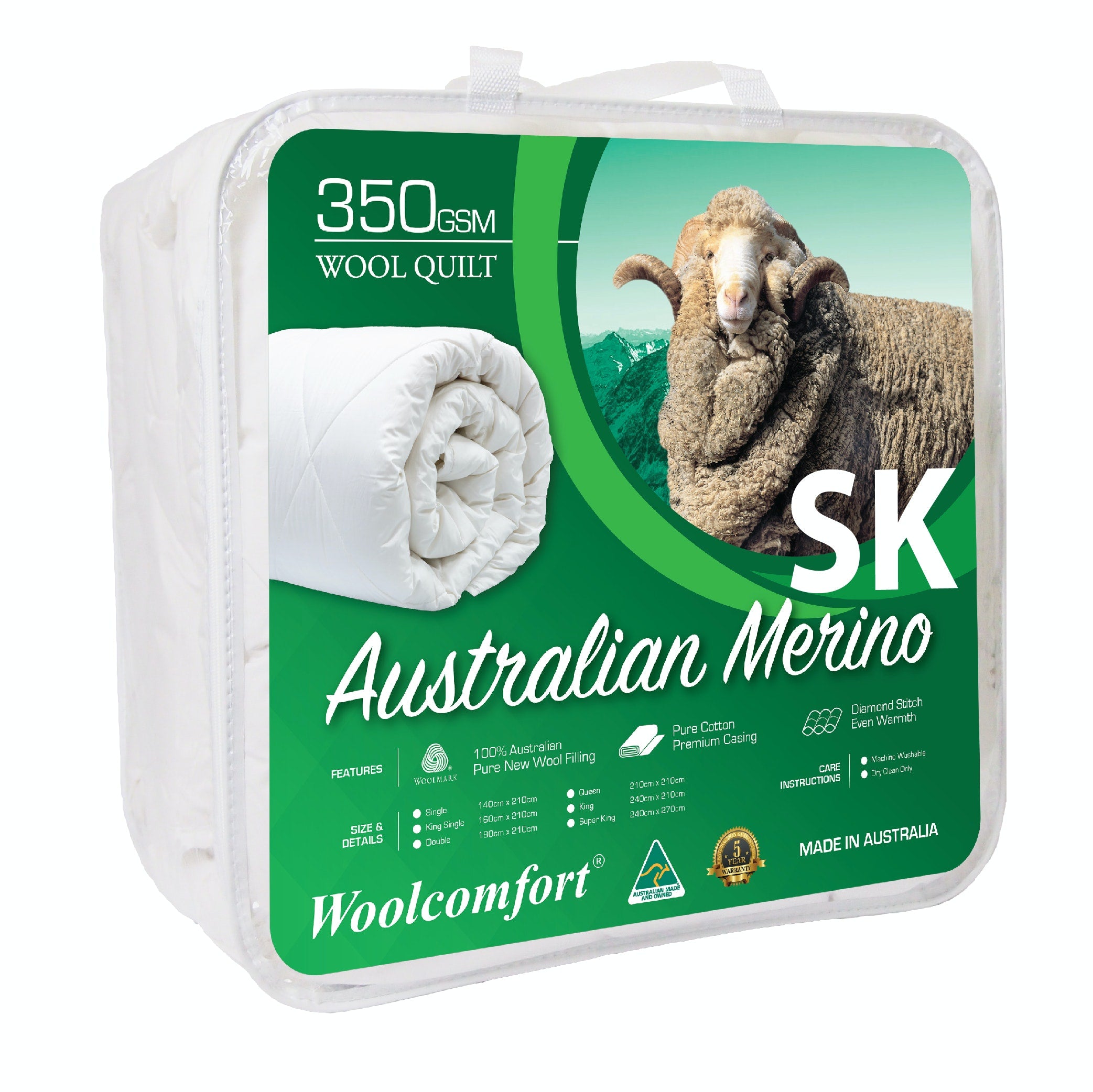 Woolcomfort Aus Made Merino Wool Quilt 350GSM 270x240cm Super King Size - Home & Garden > Bedding