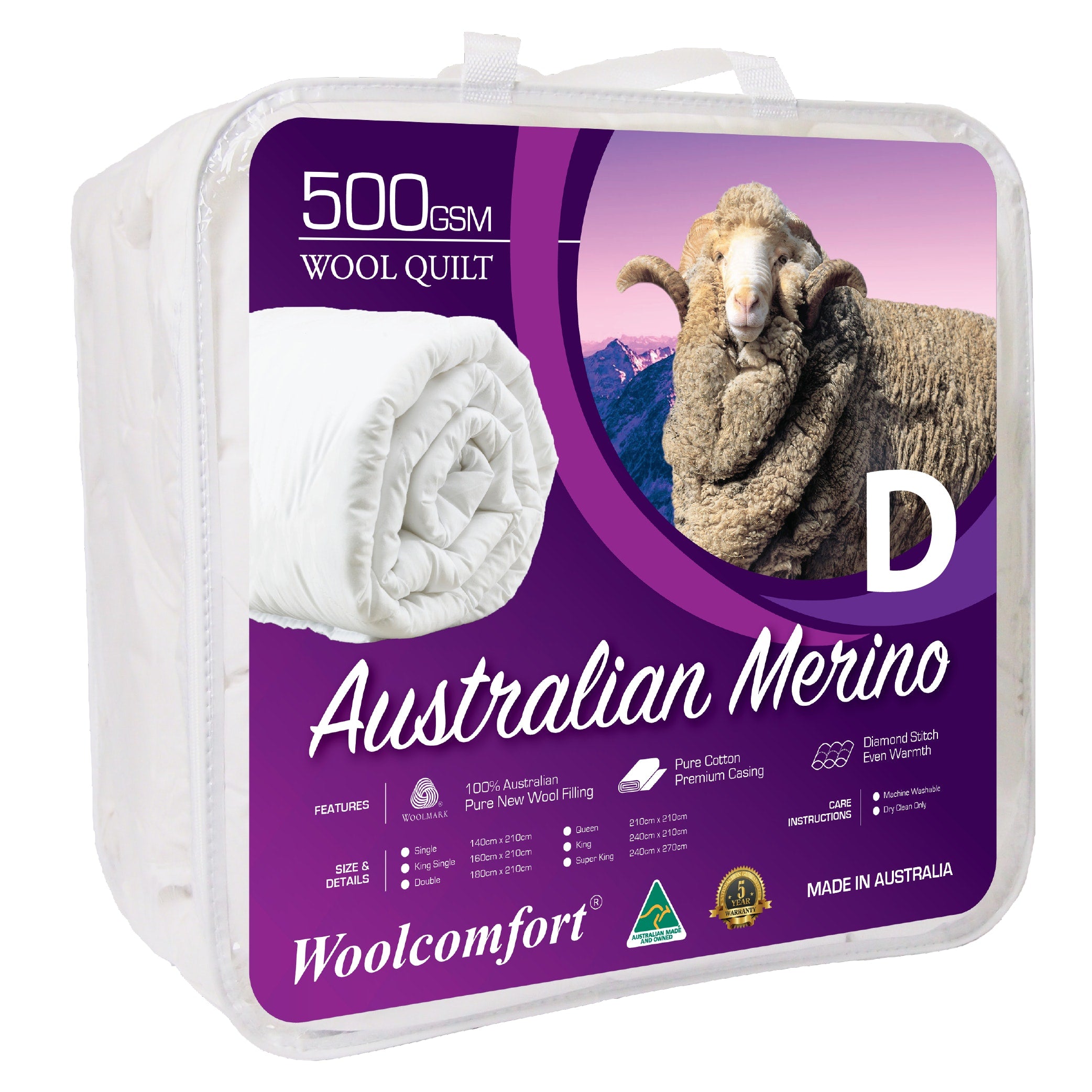 Woolcomfort Aus Made Merino Wool Quilt 500GSM 180x210cm Double Size - Home & Garden > Bedding