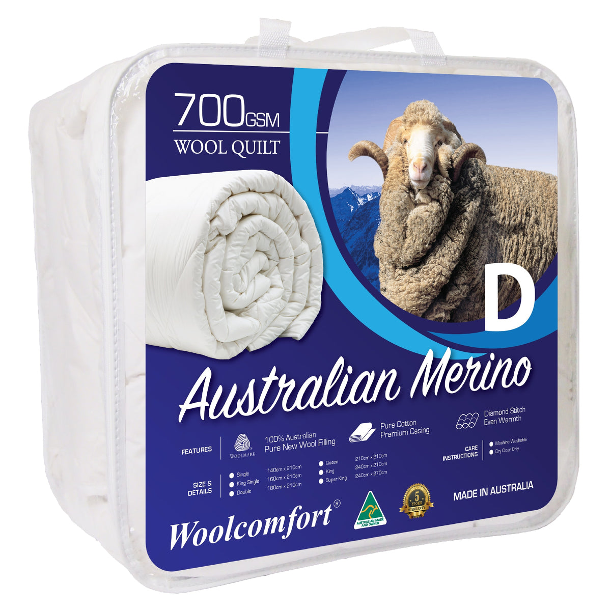 Woolcomfort Aus Made Merino Wool Quilt 700GSM 180x210cm Double Size - Home & Garden > Bedding