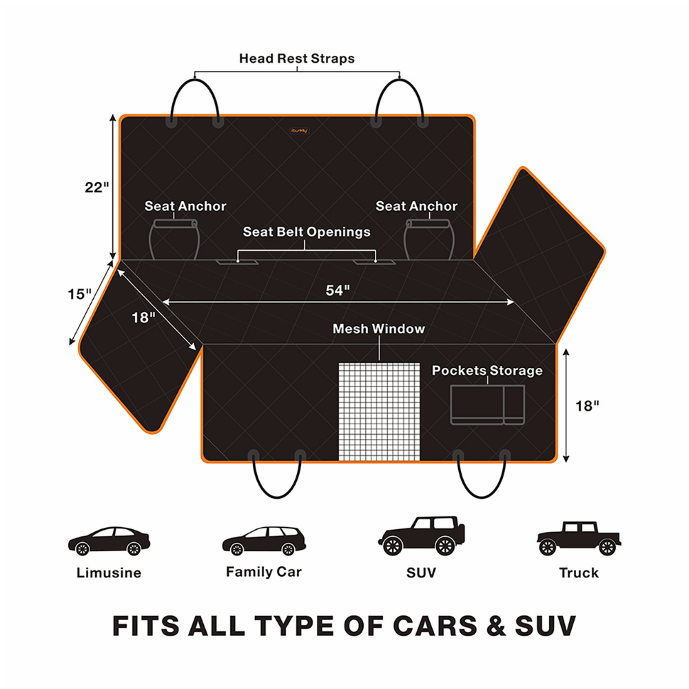 iBuddy Dog Seat Cover Car Hammock w/ Mesh Window & Dog Seat Belt - Pet Care > Dog Supplies