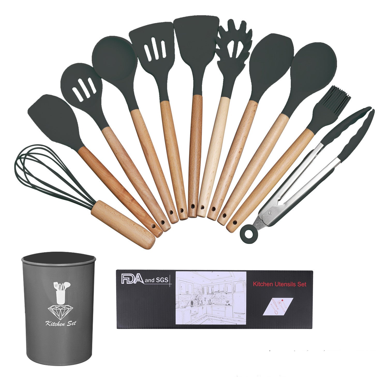 Wooden Handle Silicone Cooking Utensils Set - Scoop and shovel kit