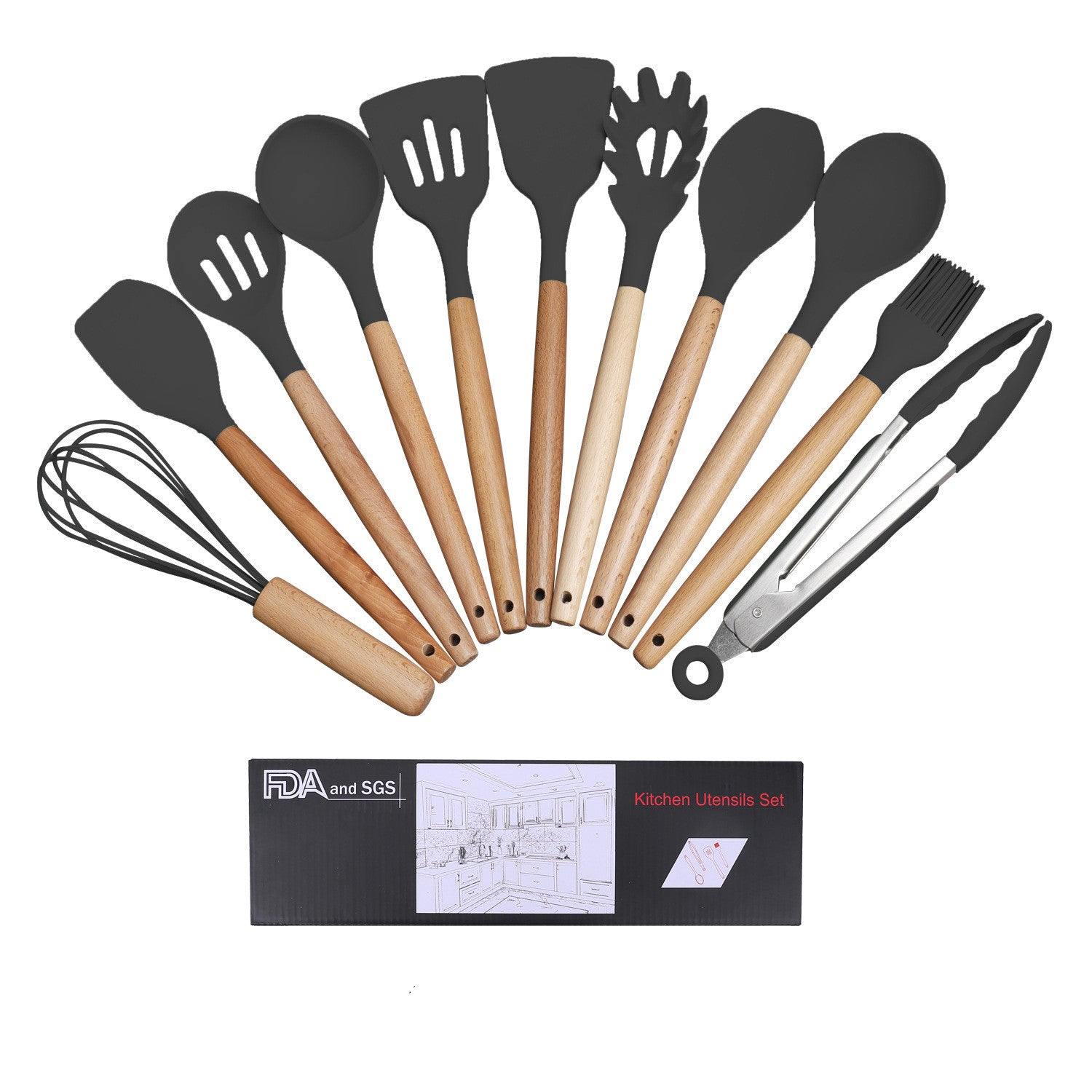 Wooden Handle Silicone Cooking Utensils Set - Scoop and shovel kit