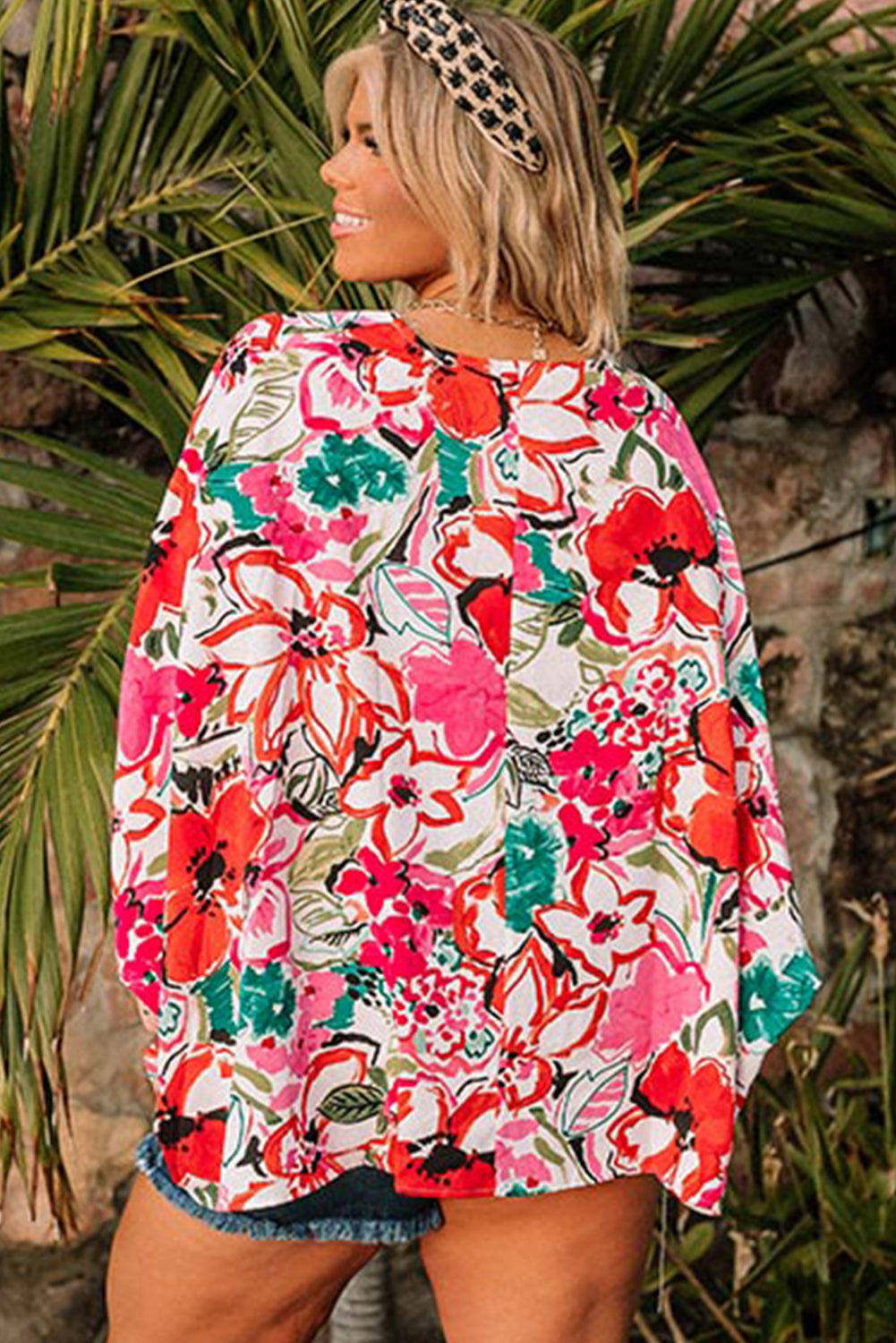 Rose Plus Size Floral Print Boho Kimono Sleeve Shirt - Plus Size Tops