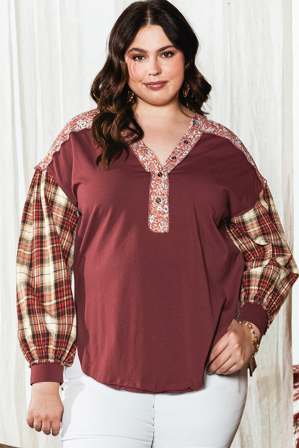 Navy Blue Mixed Print Half Buttons Plus Size Pullover Top - Plus Size Tops