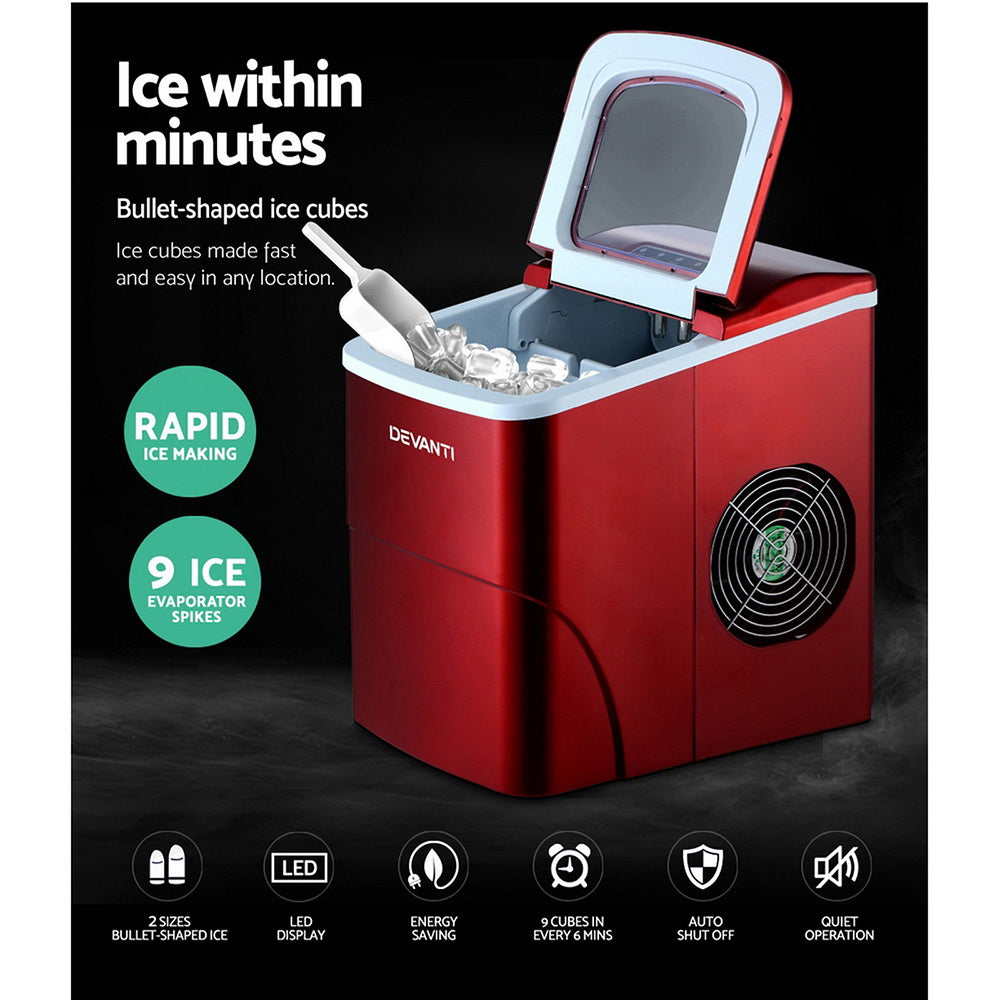 DEVANTi Portable Ice Cube Maker Machine 2L Home Bar Benchtop Easy Quick Red - Appliances > Kitchen Appliances