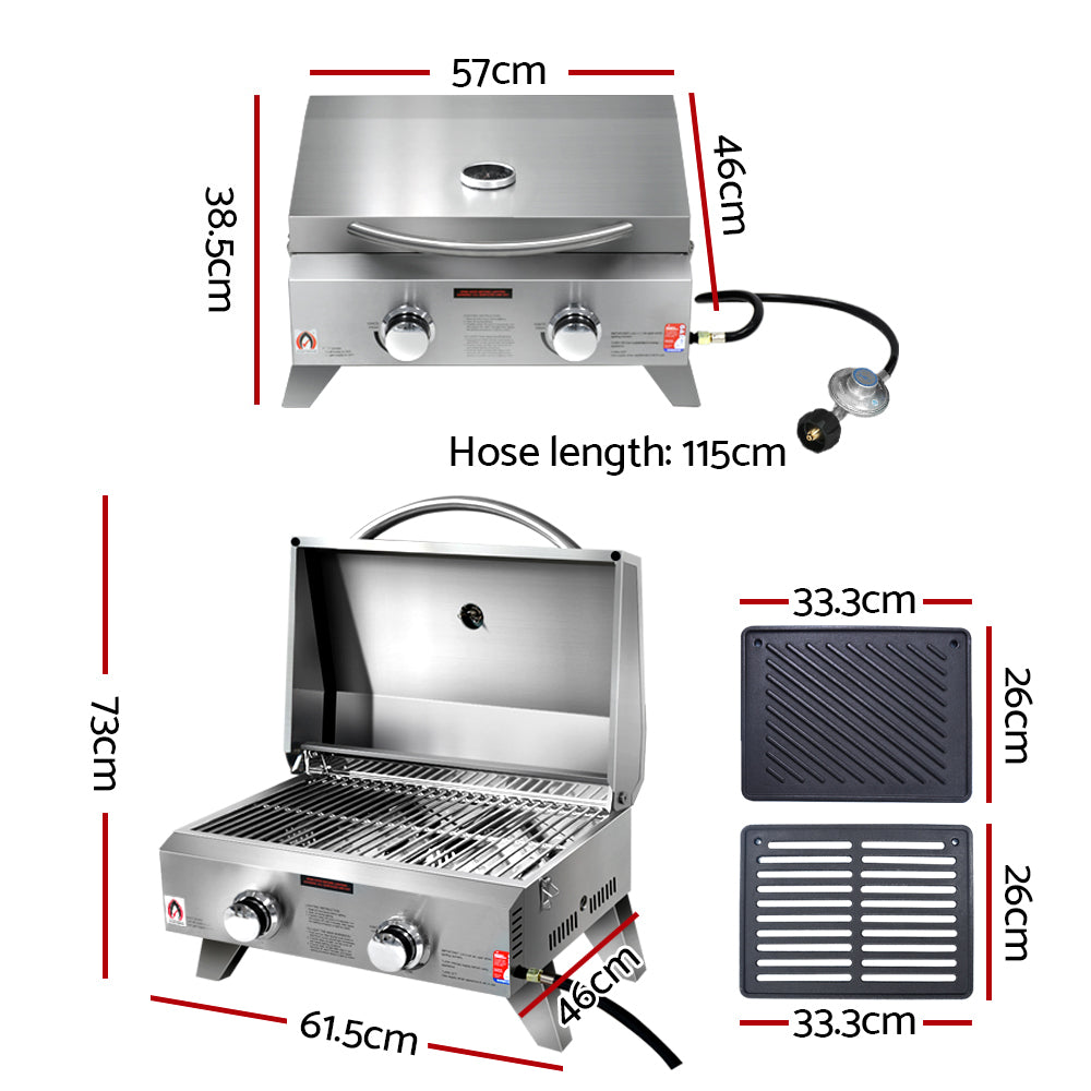 Grillz Portable Gas BBQ Grill 2 Burners with Double Sided Plate - Home & Garden > BBQ