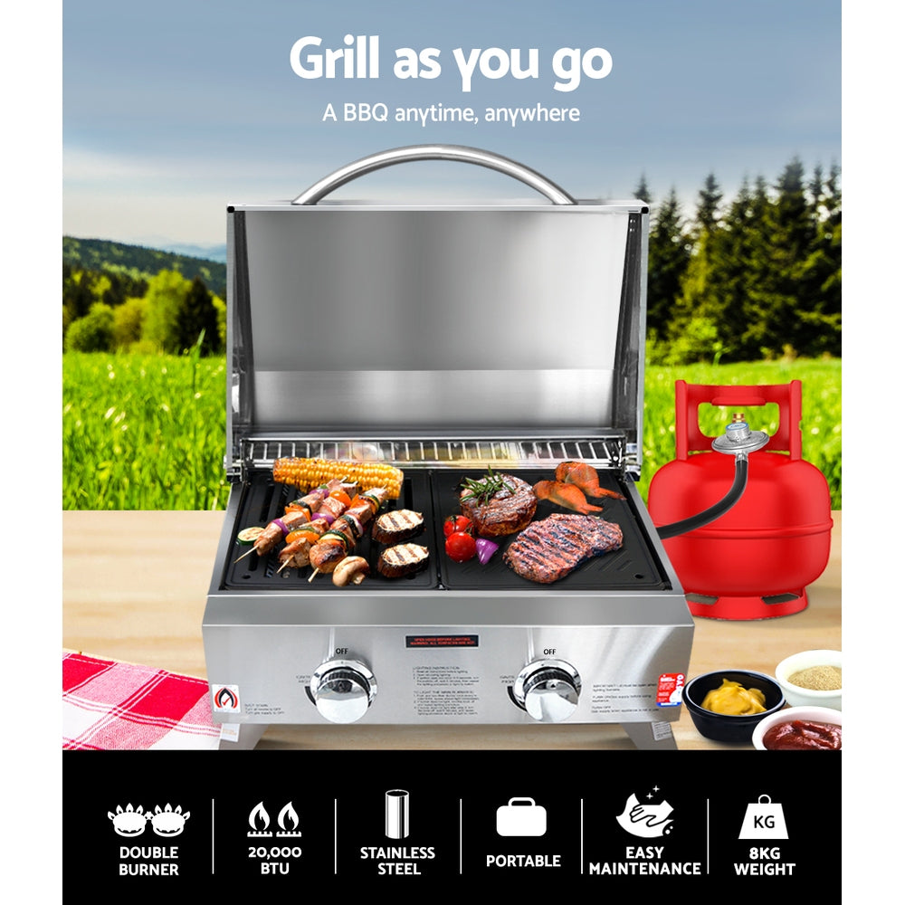 Grillz Portable Gas BBQ Grill 2 Burners with Double Sided Plate - Home & Garden > BBQ