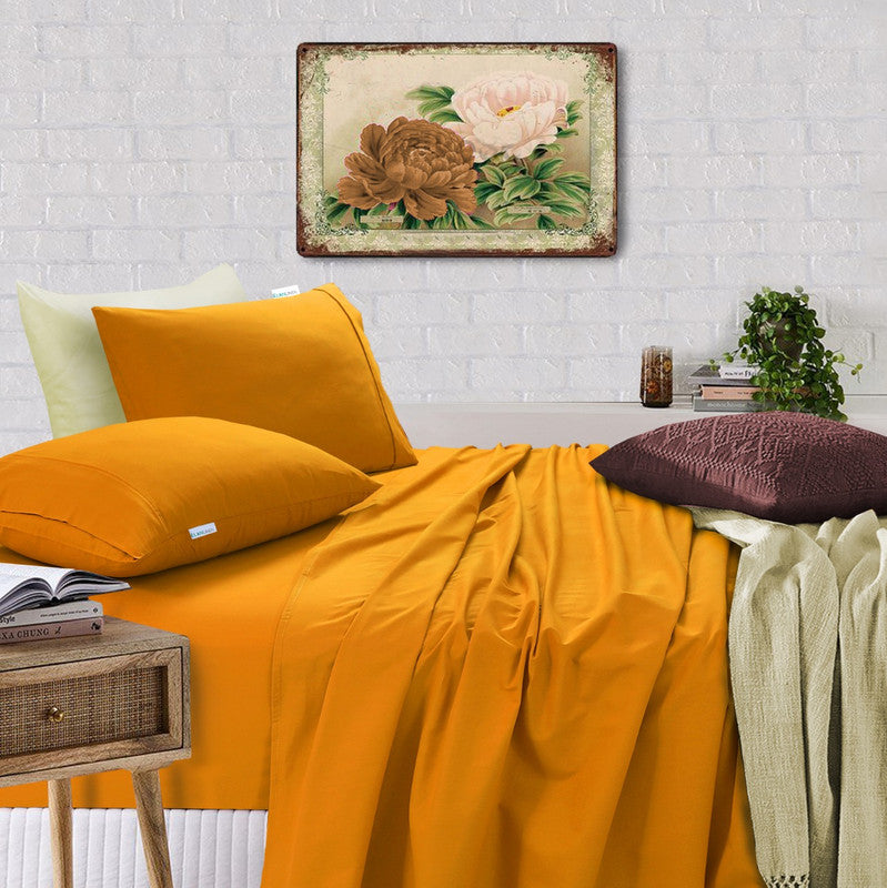 Elan Linen 100% Egyptian Cotton Vintage Washed 500TC Mustard 50 cm Deep Mega King Bed Sheets Set - Home & Garden > Bedding