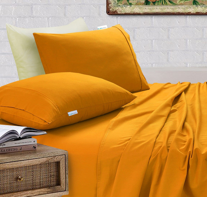 Elan Linen 100% Egyptian Cotton Vintage Washed 500TC Mustard 50 cm Deep Mega King Bed Sheets Set - Home & Garden > Bedding