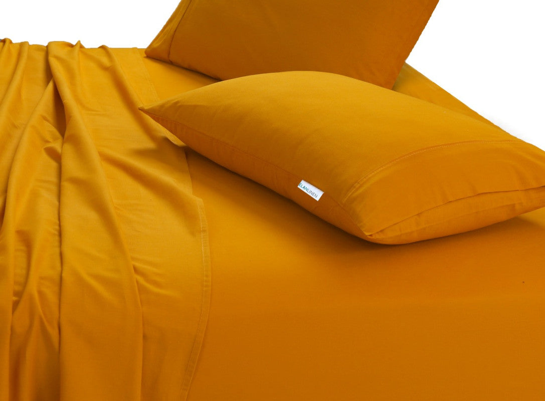 Elan Linen 100% Egyptian Cotton Vintage Washed 500TC Mustard 50 cm Deep Mega King Bed Sheets Set - Home & Garden > Bedding