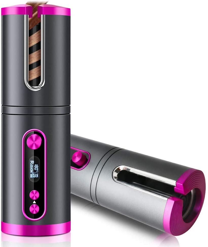 Curly Hairstyles Portable Wireless Automatic Hair Curler for Travel with LED Temperature Display, Timer and USB Rechargeable (Pink) - Health & Beauty > Personal Care