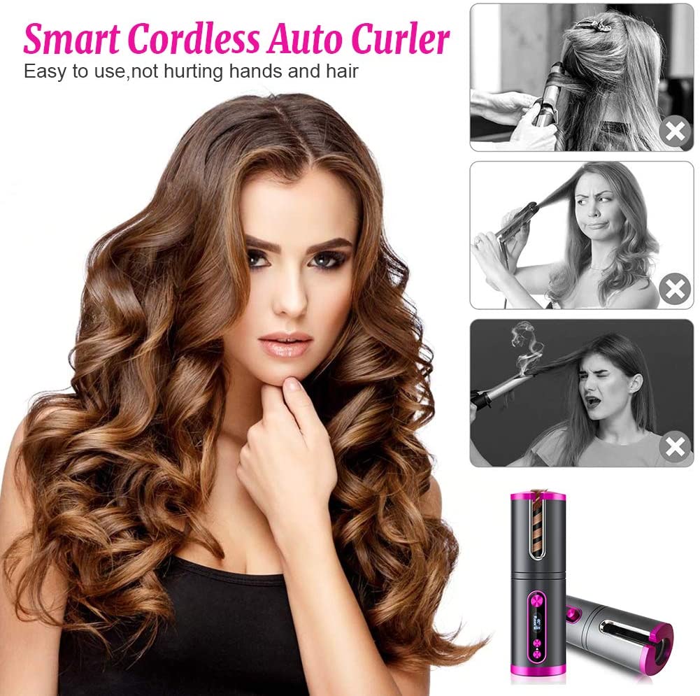 Curly Hairstyles Portable Wireless Automatic Hair Curler for Travel with LED Temperature Display, Timer and USB Rechargeable (Pink) - Health & Beauty > Personal Care