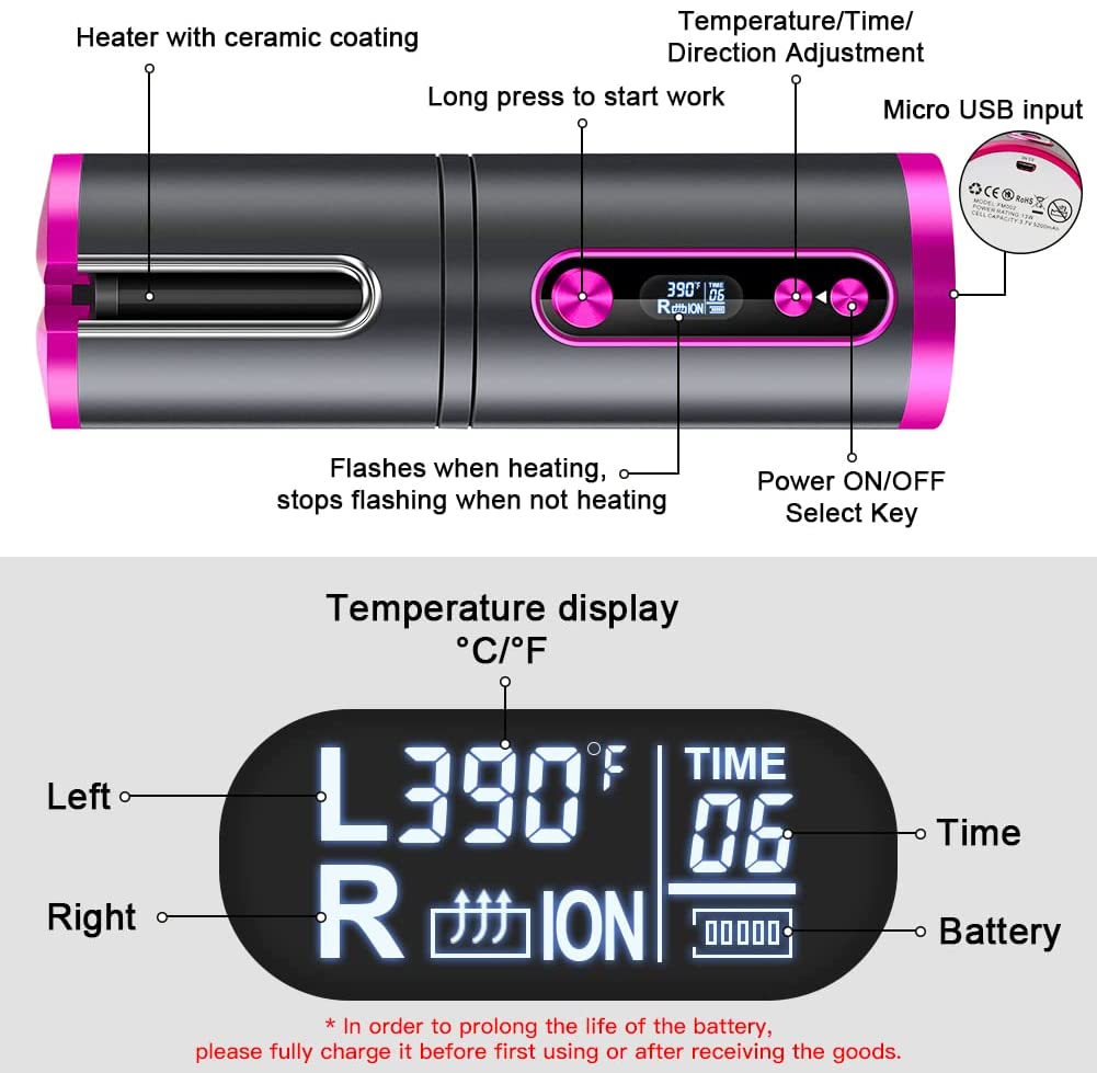 Curly Hairstyles Portable Wireless Automatic Hair Curler for Travel with LED Temperature Display, Timer and USB Rechargeable (Pink) - Health & Beauty > Personal Care