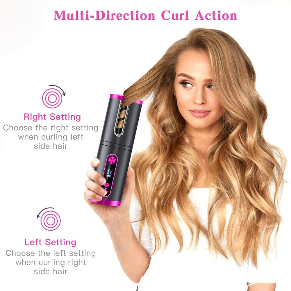 Curly Hairstyles Portable Wireless Automatic Hair Curler for Travel with LED Temperature Display, Timer and USB Rechargeable (Pink) - Health & Beauty > Personal Care