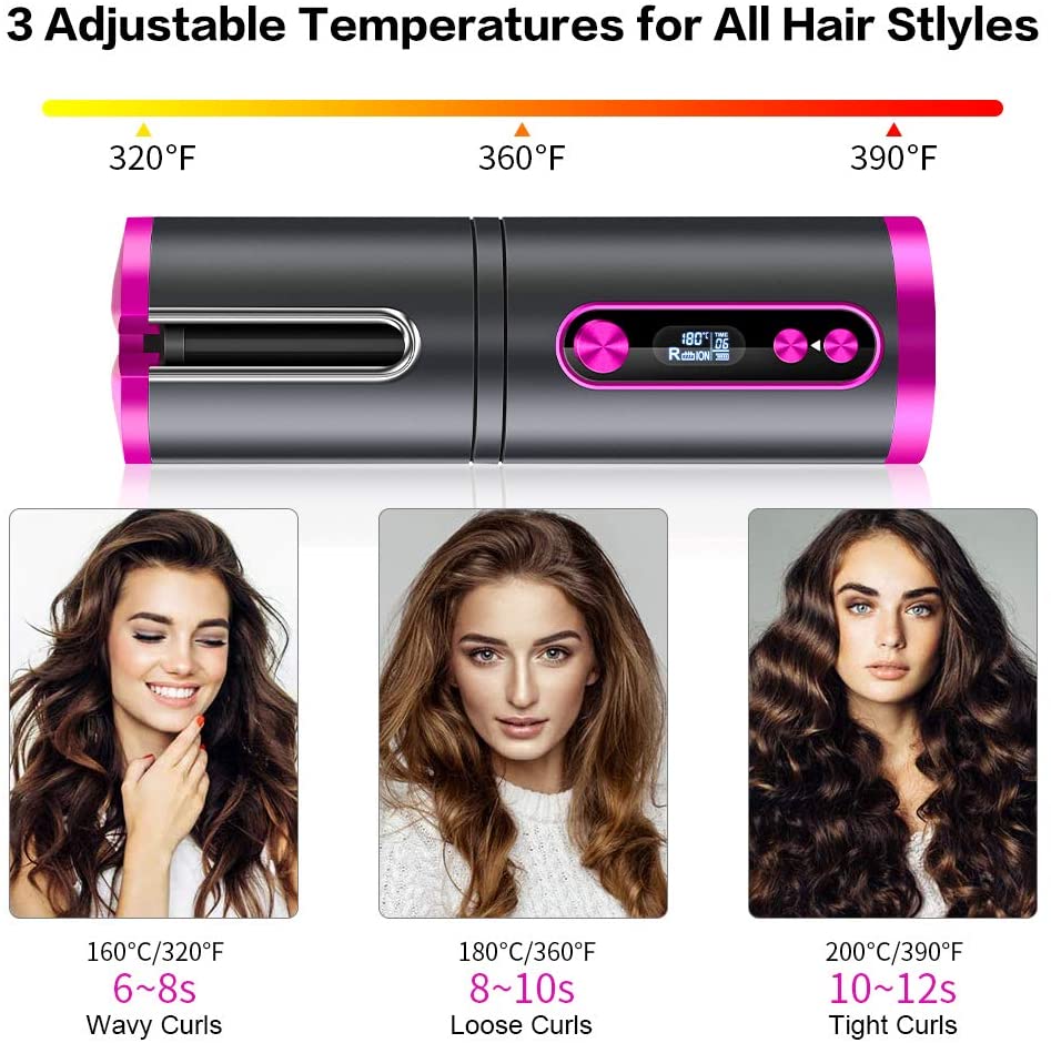 Curly Hairstyles Portable Wireless Automatic Hair Curler for Travel with LED Temperature Display, Timer and USB Rechargeable (Pink) - Health & Beauty > Personal Care