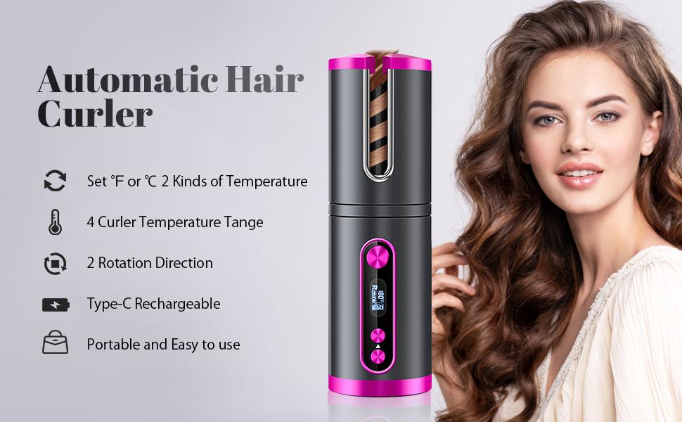 Curly Hairstyles Portable Wireless Automatic Hair Curler for Travel with LED Temperature Display, Timer and USB Rechargeable (Pink) - Health & Beauty > Personal Care