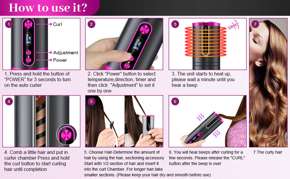 Curly Hairstyles Portable Wireless Automatic Hair Curler for Travel with LED Temperature Display, Timer and USB Rechargeable (Pink) - Health & Beauty > Personal Care