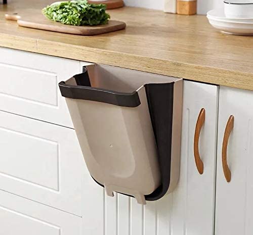 Hanging Trash Can Collapsible Small Garbage Waste Bin for Kitchen Cabinet Door (Beige) - Home & Garden > Kitchen Bins