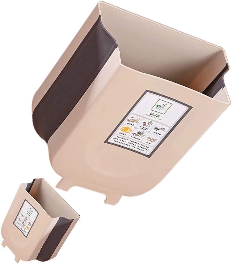 Hanging Trash Can Collapsible Small Garbage Waste Bin for Kitchen Cabinet Door (Beige) - Home & Garden > Kitchen Bins