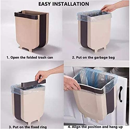 Hanging Trash Can Collapsible Small Garbage Waste Bin for Kitchen Cabinet Door (Beige) - Home & Garden > Kitchen Bins