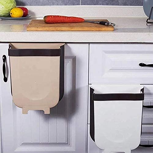 Hanging Trash Can Collapsible Small Garbage Waste Bin for Kitchen Cabinet Door (Beige) - Home & Garden > Kitchen Bins