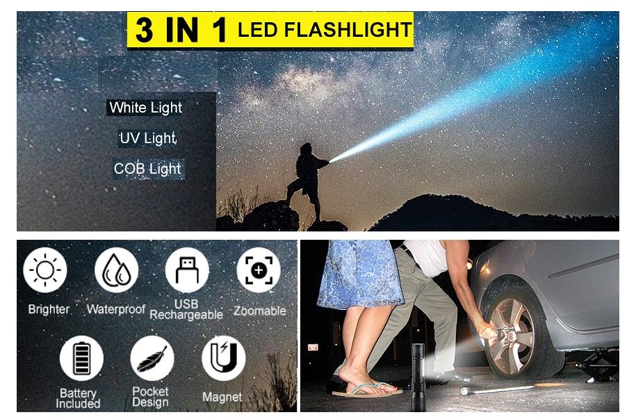 7 Modes Waterproof Rechargeable UV Light Flashlight Torch for Camping - Outdoor > Camping