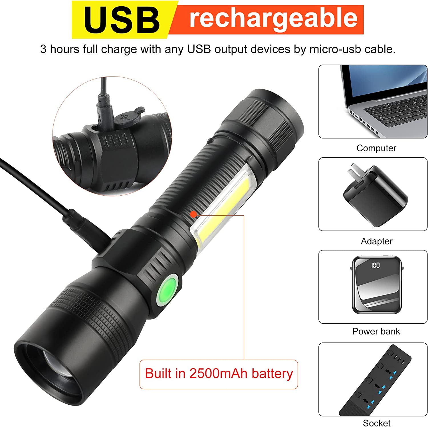 7 Modes Waterproof Rechargeable UV Light Flashlight Torch for Camping - Outdoor > Camping