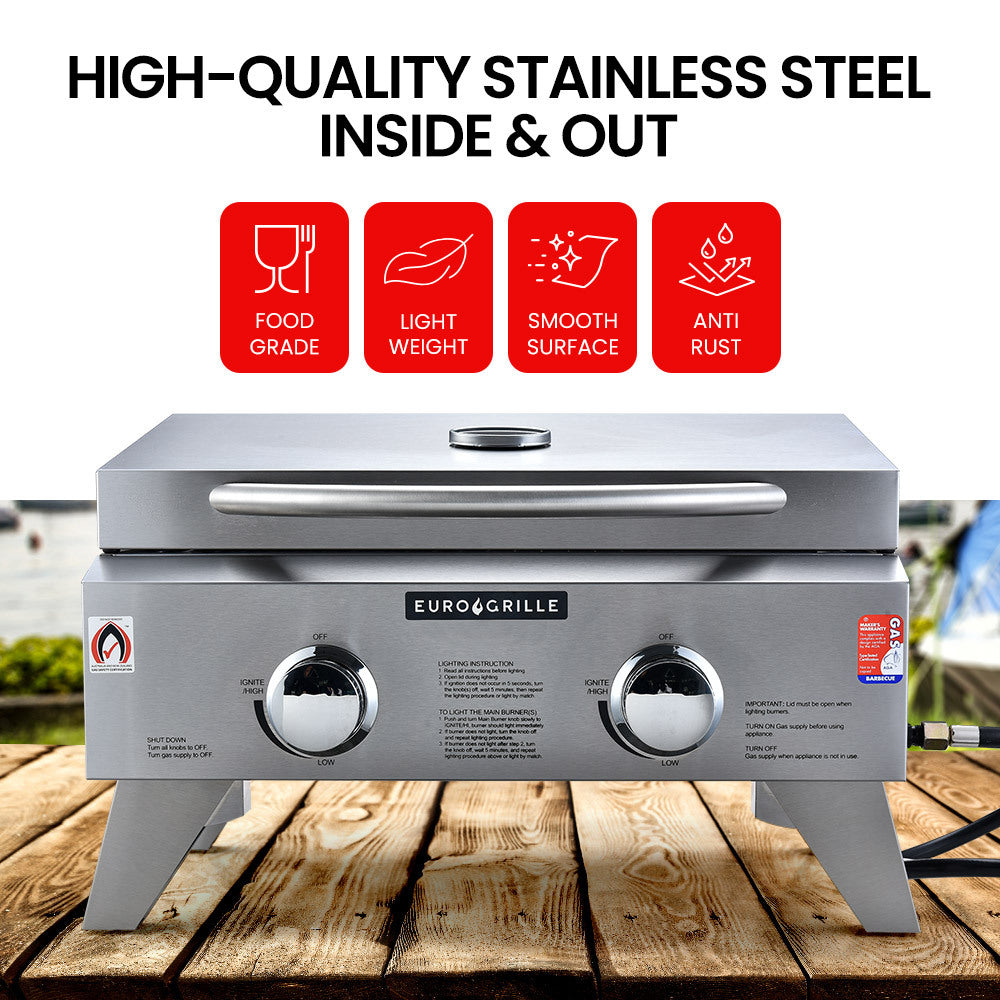 EUROGRILLE 2-Burner Stainless Steel Portable Gas BBQ Grill - Home & Garden > BBQ