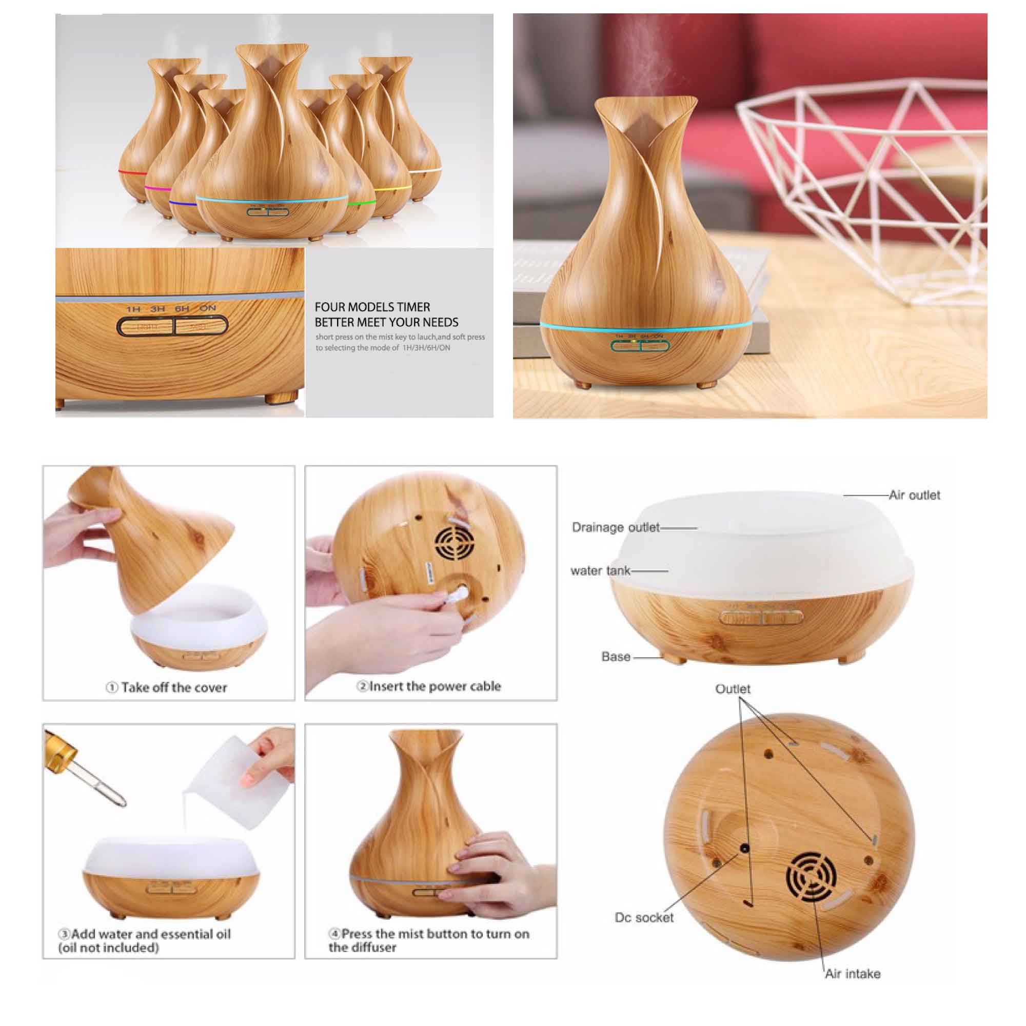 Essential Oil Aroma Diffuser Tulip Light Wood Colour Ultrasonic Mist Humidifier - Appliances > Air Conditioners