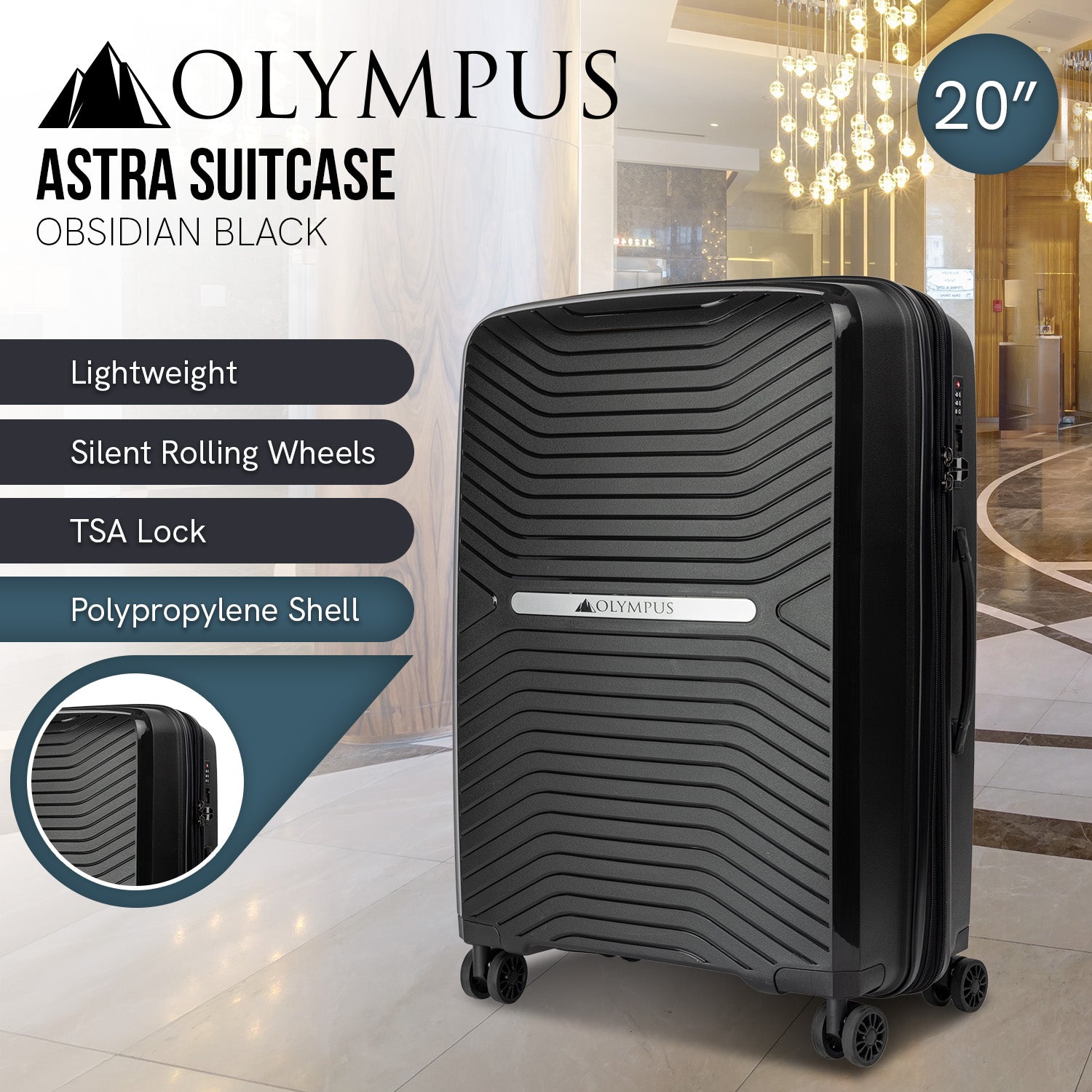 Olympus  Astra 20in Hard Shell Suitcase - Obsidian Black - Home & Garden > Travel