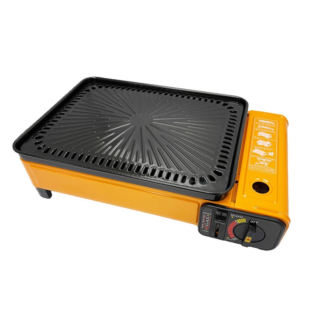 Portable Gas Stove Burner Butane BBQ Camping Gas Cooker With Non Stick Plate Orange with Fish Pan and Lid - Home & Garden > BBQ