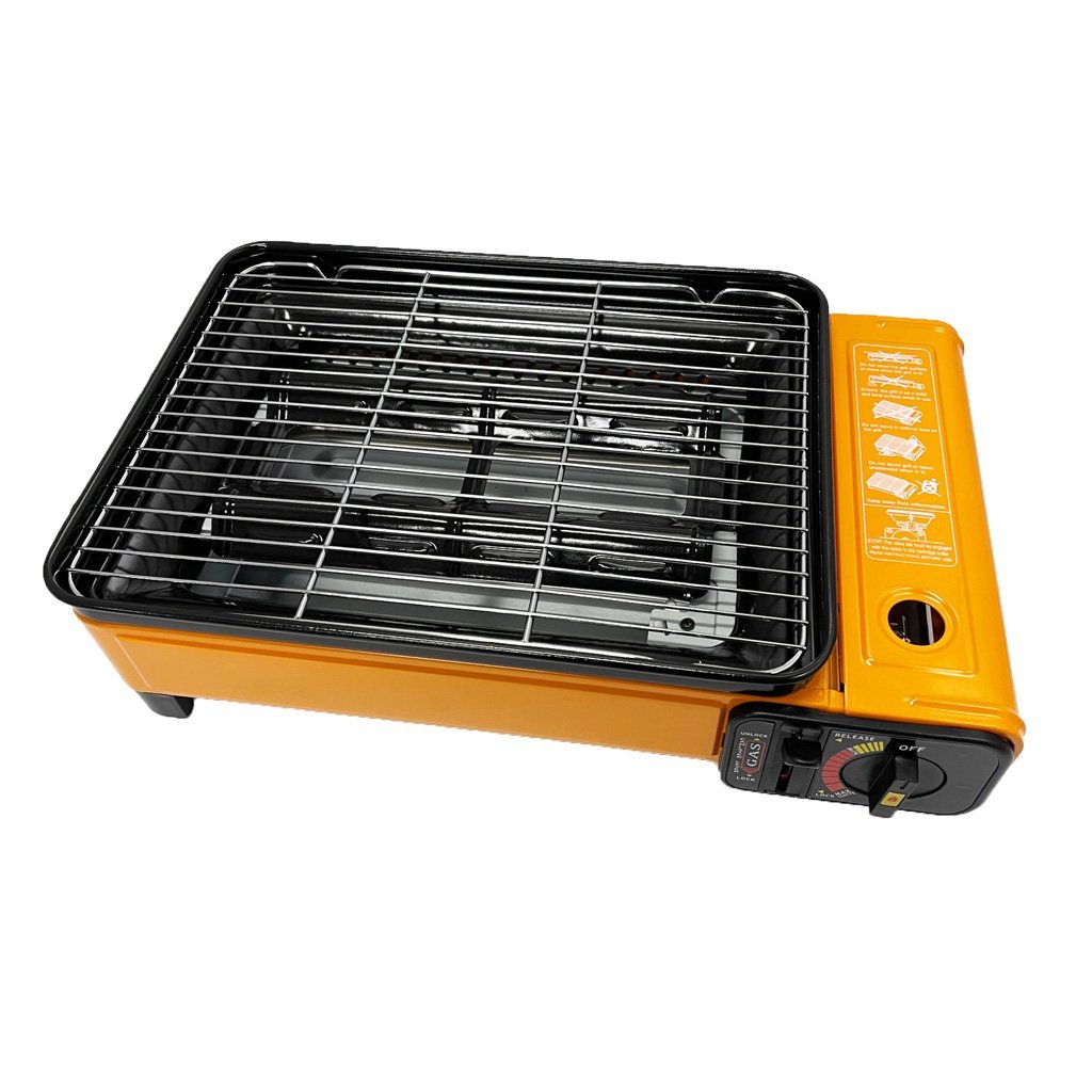 Portable Gas Stove Burner Butane BBQ Camping Gas Cooker With Non Stick Plate Orange with Fish Pan and Lid - Home & Garden > BBQ