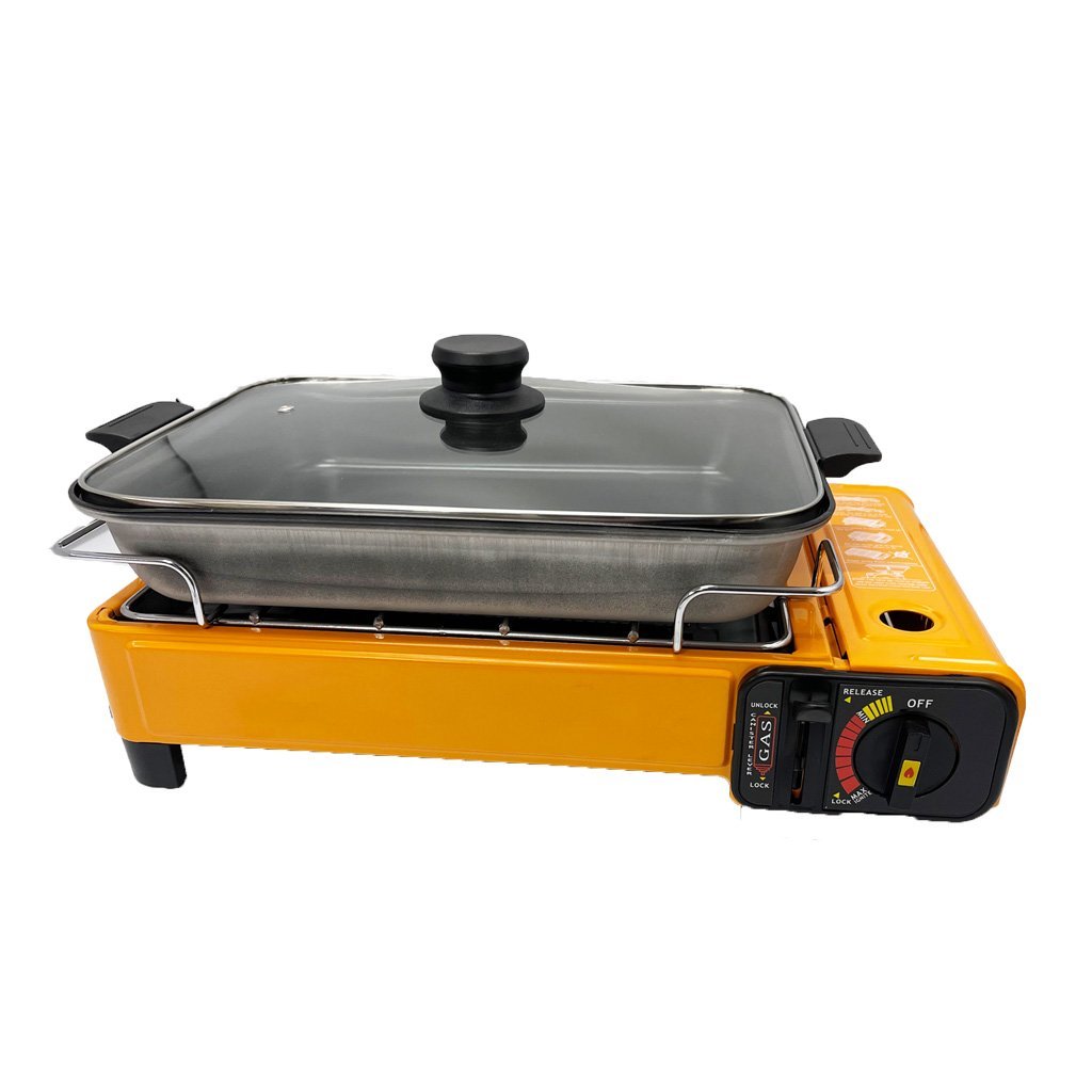 Portable Gas Stove Burner Butane BBQ Camping Gas Cooker With Non Stick Plate Orange with Fish Pan and Lid - Home & Garden > BBQ