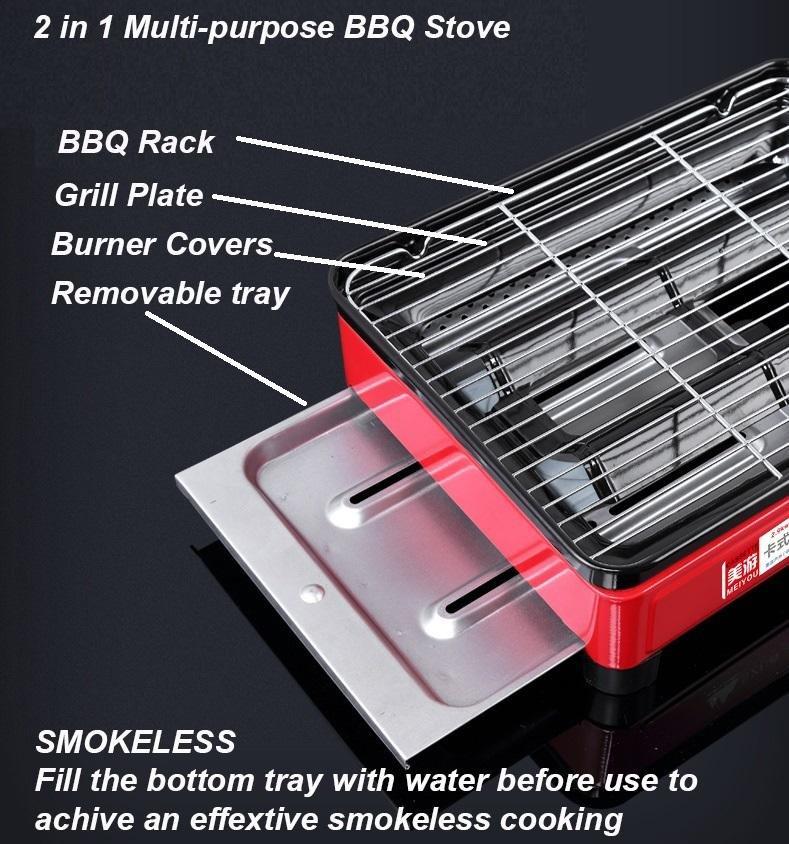 Portable Gas Stove Burner Butane BBQ Camping Gas Cooker With Non Stick Plate Orange with Fish Pan and Lid - Home & Garden > BBQ