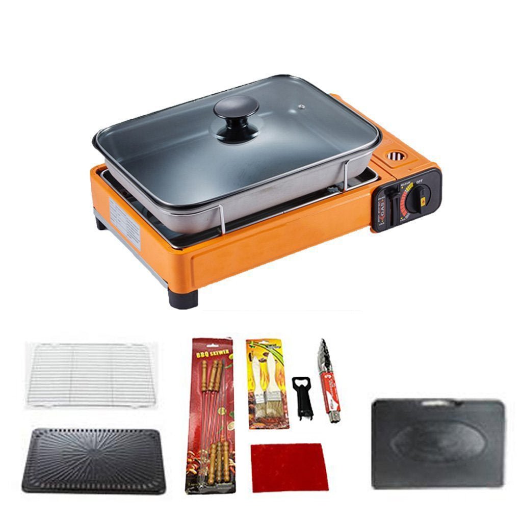 Portable Gas Stove Burner Butane BBQ Camping Gas Cooker With Non Stick Plate Orange with Fish Pan and Lid - Home & Garden > BBQ