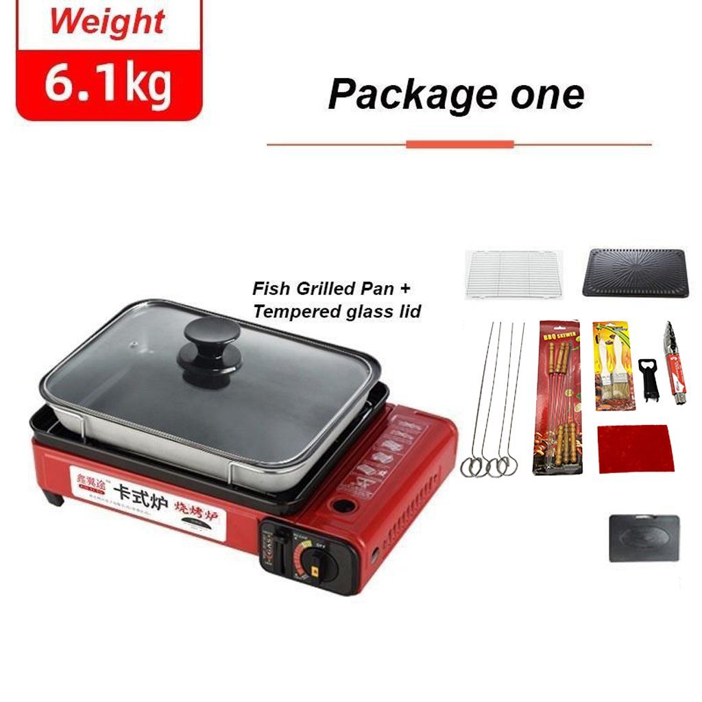 Portable Gas Stove Burner Butane BBQ Camping Gas Cooker With Non Stick Plate Red with Fish Pan and Lid - Home & Garden > BBQ