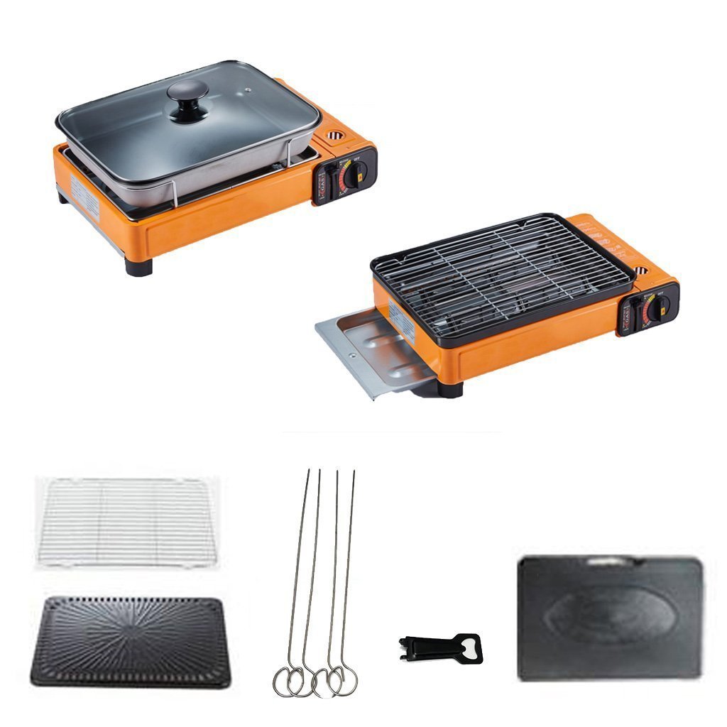 Portable Gas Stove Burner Butane BBQ Camping Gas Cooker With Non Stick Plate Red with Fish Pan and Lid - Home & Garden > BBQ