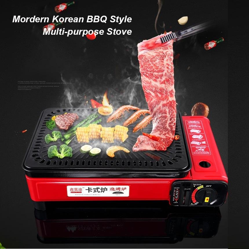 Portable Gas Stove Burner Butane BBQ Camping Gas Cooker With Non Stick Plate Red with Fish Pan and Lid - Home & Garden > BBQ