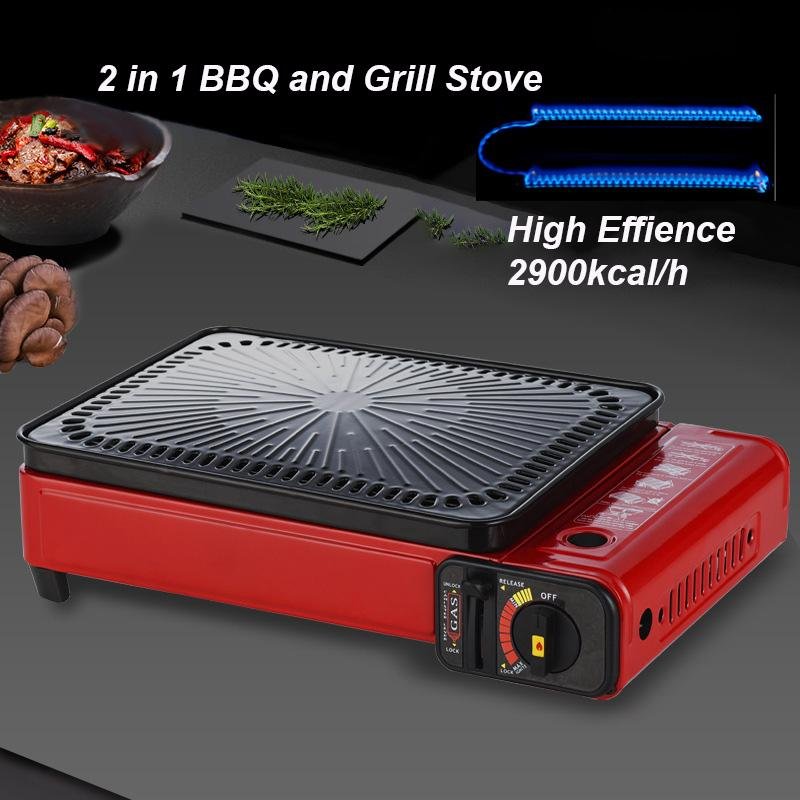 Portable Gas Stove Burner Butane BBQ Camping Gas Cooker With Non Stick Plate Red with Fish Pan and Lid - Home & Garden > BBQ