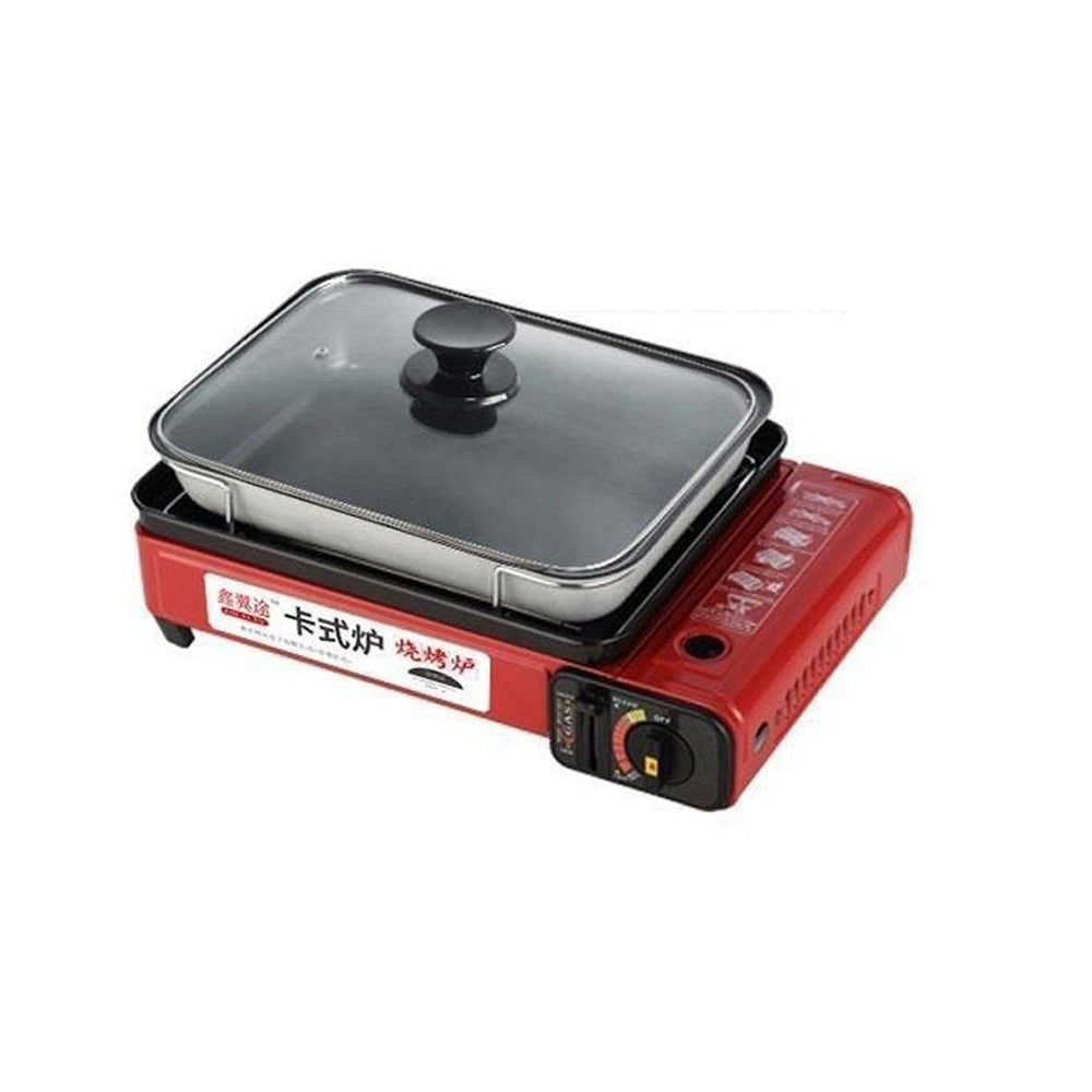 Portable Gas Stove Burner Butane BBQ Camping Gas Cooker With Non Stick Plate Red with Fish Pan and Lid - Home & Garden > BBQ